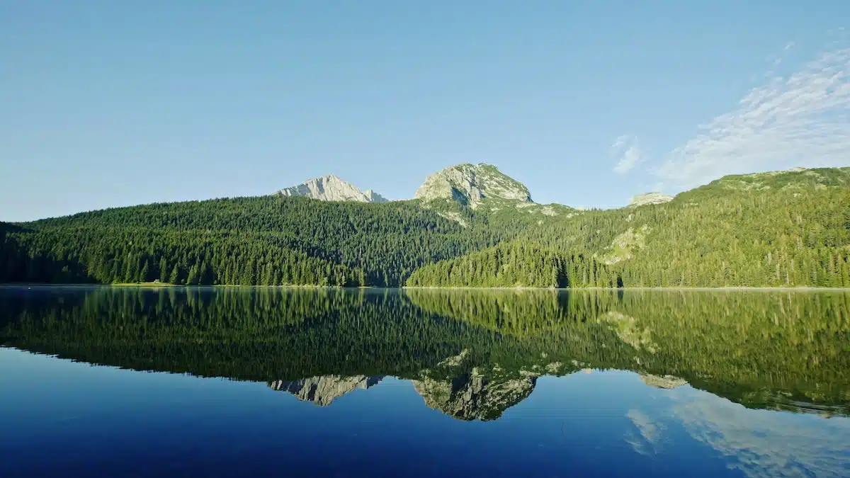 Paysage lac et forêt pour dôme géodésique